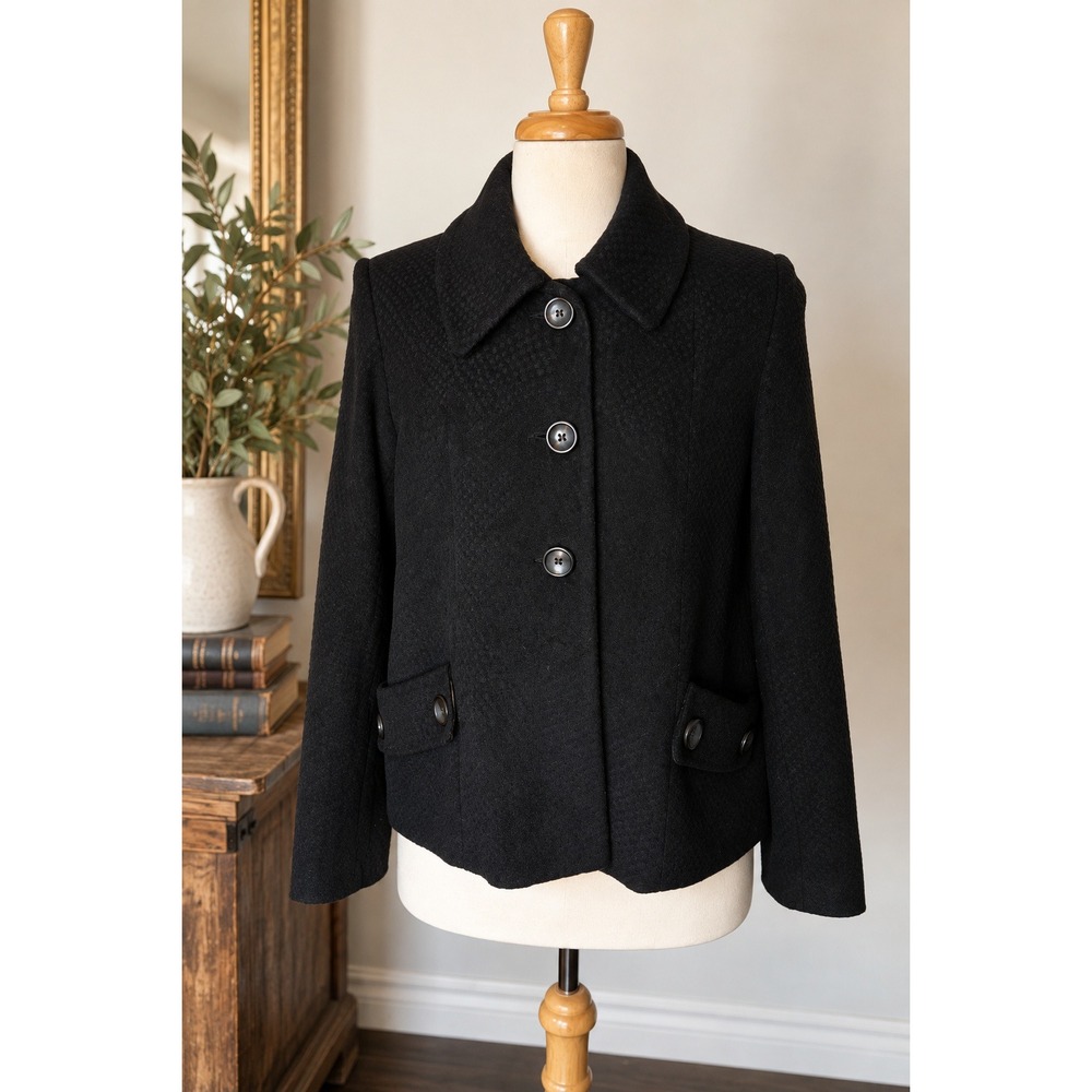 Black Wool Cashmere Blend Short Coat Jacket Mod Retro Tailored 10 Minimalist